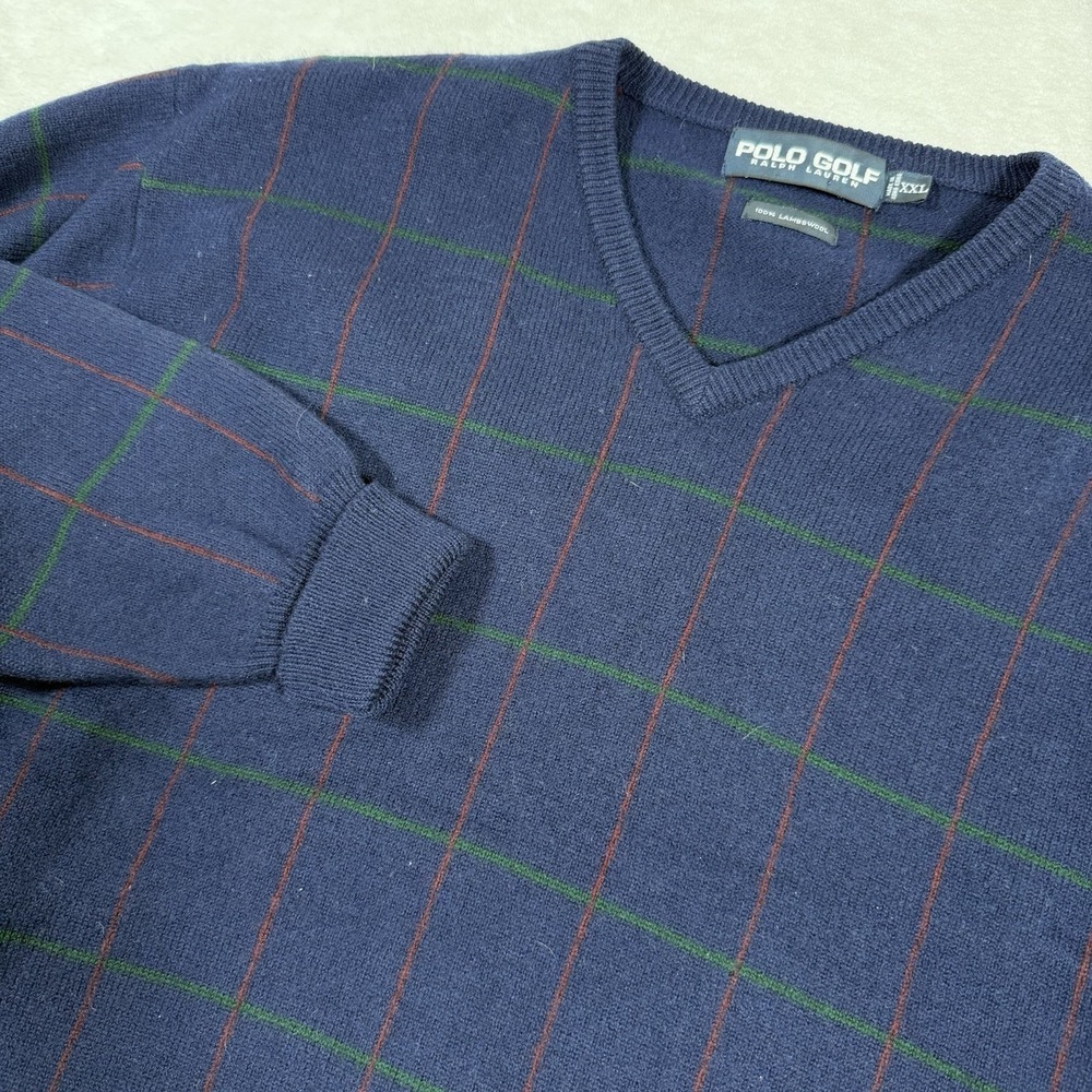Polo Golf Ralph Lauren Mens XXL Navy‎ Lambswool Windowpane V-Neck Sweater
